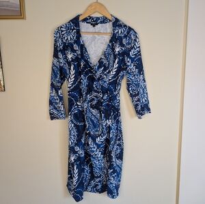 Talbots Blue Paisley Faux Wrap Dress Medium Effortless Jersey Ruched 3/4 Sleeve